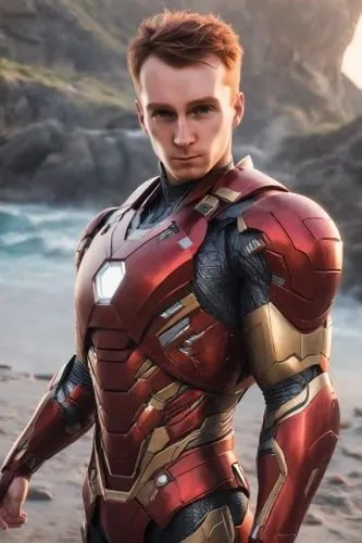 iron man,the avengers man is wearing his iron suit and walking on the beach,ironman,marvelon,ironsi,iron man,gillerman,captain marvel