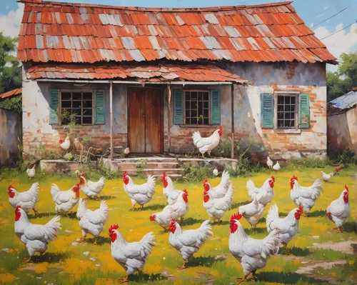 Describe a peaceful countryside setting with a flock of domestic chickens roaming freely under the sun.,chicken yard,chicken farm,flock of chickens,a chicken coop,red hen,chicken coop,chickens,domesti