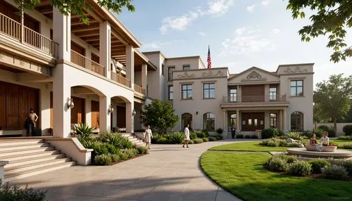 Grandiose school building, symmetrical fa\u00e7ade, columns with ornate capitals, arched windows, rusticated stone walls, classical pediments, sweeping staircases, grand entrance halls, rich wood pane