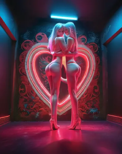 women are not moving, red led lighting is flashing, women are not moving, room is flashing, spooky atmosphere,an advertit is displayed in a room with neon lights,neon body painting,neon valentine hear