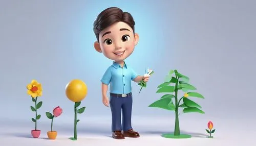 Scale model, architectural drawing, 1,a young man holds a small toy in front of a tree and flowers,cartoon flowers,mii,plantsman,cartoon flower,flowers png,horticulturist,horticulturalist,agribusiness