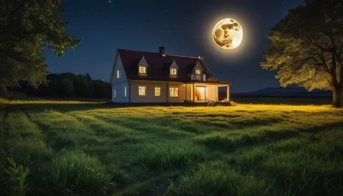 hanging moon,lonely house,moon and star background,moonlit night,witch's house,moon photography,moonshine,home landscape,witch house,moon at night,creepy house,fantasy picture,beautiful home,the moon and the stars,starry night,night image,abandoned house,moonrise,little house,photoshop manipulation,Photography,General,Realistic