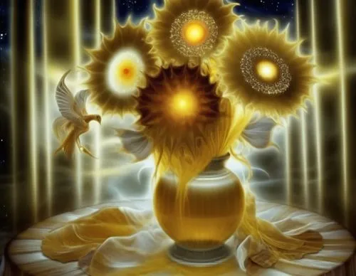 painting with sunflowers, birds and moon in a vase,beholder,hastula,hastur,azathoth,larfleeze,beholders,Illustration,Realistic Fantasy,Realistic Fantasy 37