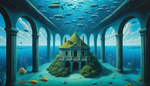 underwater landscape,underwater playground,house of the sea,sunken church,cube sea,aquarium,under sea,undersea,under the sea,ocean floor,underwater background,ocean underwater,underwater world,underwater oasis,atlantis,water castle,aquariums,submerged,under the water,under water,Art,Artistic Painting,Artistic Painting 06