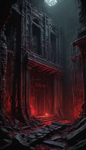 hall of the fallen,blood church,ruin,catacombs,door to hell,dungeon,lost place,haunted cathedral,abandoned room,abandoned place,ruins,inferno,the haunted house,fire damage,sepulchre,haunted house,end-of-admoria,witch's house,fissure vent,mining facility,Illustration,Retro,Retro 25