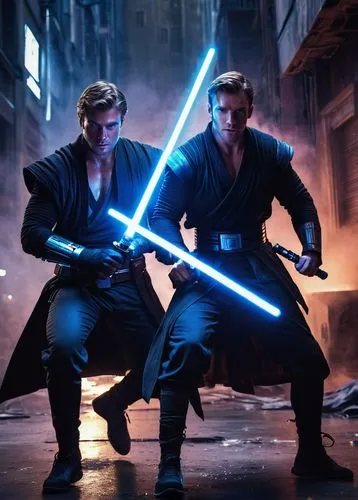 Star Wars, Reddit, lightsaber duel, two male warriors, muscular build, athletic physique, white and blue lightsabers, clashing sparks, intense facial expressions, sweaty skin, torn clothes, ripped fab