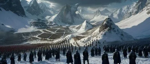 A breathtaking snow-covered valley with towering icy mountains in the background. In the valley, rows of blue-armored Norn soldiers are organized in strict, disciplined formations. These formations ar