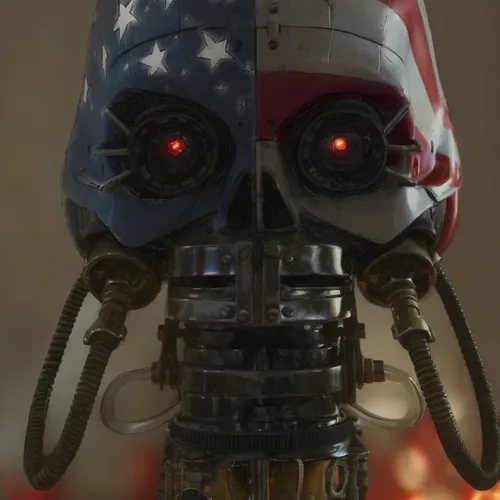 fire, smoke, blood spurts, the background of the image darkens and bombs explode,a close up of the head of a robot,war machine,terminator,endoskeleton,cyborg,chappie,barbot