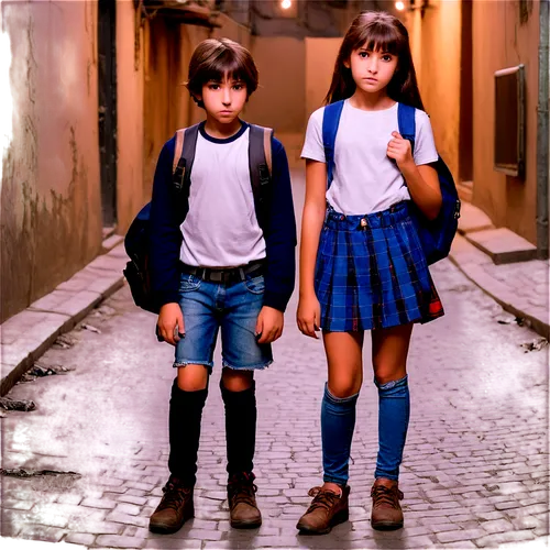 vintage boy and girl,chiquititas,little boy and girl,adolescentes,boy and girl,girlhood,girl and boy outdoor,little girls walking,futurekids,schoolkids,school children,barfi,schoolchildren,mindbenders,piccoli,vintage children,backpacks,schoolyard,little girls,ektachrome,Illustration,Realistic Fantasy,Realistic Fantasy 07