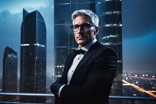 Futuristic arc architects, male, strong jawline, short white hair, blue eyes, glasses with silver frames, black leather gloves, formal wear, black tie, standing in front of a massive skyscraper, moder