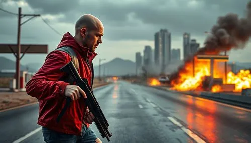 A Bald adult with a grunge red jacket holding a weapon, unreal engine, Car on Fire, Realistic, cinematic, Licence plate read: "Open Fire",a man in a red jacket holding a gun on the road,kalkbrenner,go