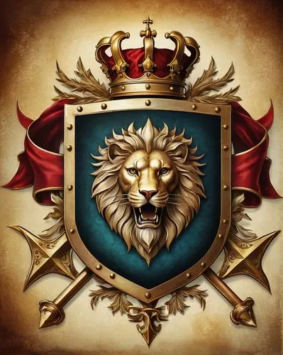 Family crest, noble, luxurious, intricate design, golden outline, bold fonts, coat of arms, shield shape, helm, mantling, wreath, ribbon, motto, Latin phrases, crossed swords, lions, unicorns, dragons