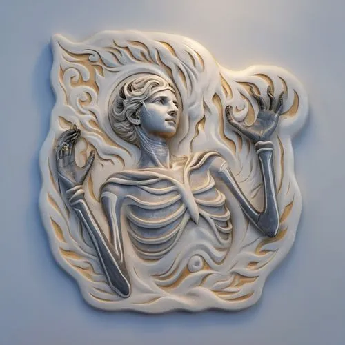 bas relief sculpture,a plaster sculpture depicts a female figure with flames,lalique,art deco ornament,bonnet ornament,art deco woman,maiolica,netsuke,Photography,General,Realistic