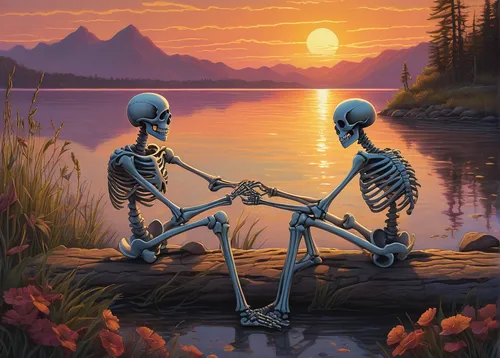 romantic scene,skeletons,romantic meeting,vintage skeleton,skull rowing,romantic night,romantic,dance of death,skeletal,life after death,forbidden love,romance,idyll,skull allover,human skeleton,tandem bicycle,honeymoon,day of the dead skeleton,old couple,danse macabre,Illustration,Realistic Fantasy,Realistic Fantasy 44