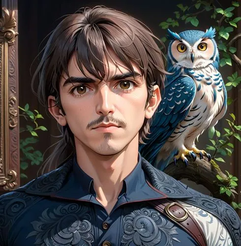 Pony tail, young george harrison, thicker muscular body, pet owl on right shoulder,the illustration of the man and owl is done in adobe,seregil,inigo,riario,merlin,fantasy portrait,javier,Anime,Anime,