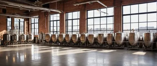 Industrial chic microbrewery, brick walls, wooden barrels, stainless steel tanks, exposed ductwork, reclaimed wood accents, vintage brewing equipment, Edison bulb lighting, polished concrete floors, m