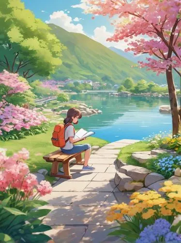 springtime background,spring background,japanese sakura background,sakura background,spring blossoms,little girl reading,girl picking flowers,flower painting,picking flowers,spring morning,idyllic,landscape background,girl studying,arrietty,spring bloom,the cherry blossoms,springtime,spring blossom,summer day,book wallpaper,Illustration,Japanese style,Japanese Style 01