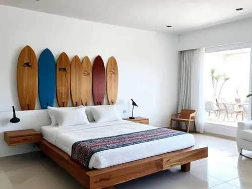 SURFERO, BALINES MINIMALISTA
,the bed in the bedroom has three surfboards on the wall,surfboards,skiboards,wooden boards,surfcontrol,sand board,surfboard