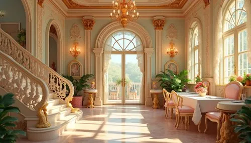 breakfast room,ornate room,dining room,hallway,tearoom,cochere,conservatory,hallway space,ballroom,orangery,sunroom,beauty room,luxury bathroom,luxury home interior,dreamhouse,archways,palladianism,entrance hall,entryway,beautiful home,Photography,General,Realistic