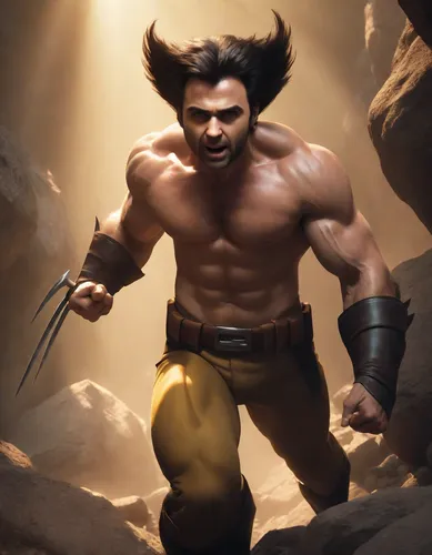 Incorporar rosto perfeitamente encaixado no Wolverine, expressão de raiva, caverna com feixe de luz do sol,wolverine,minotaur,sikaran,male character,ramayan,god of thunder,greek god,cave man,barbarian