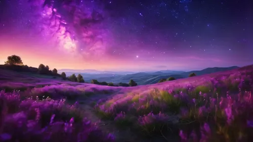 purple landscape,fairy galaxy,colorful stars,lavender field,lavender fields,purple wallpaper,colorful star scatters,lavenders,fantasy landscape,milky way,purple,cosmos field,landscape background,full hd wallpaper,the milky way,beautiful landscape,astronomy,milkyway,wall,starscape,Photography,General,Commercial