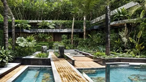 barbecue from a Luxurious and modern villa ...  a pool inspired by tropical beaches... Around the pool a tropical garden full of flowers similar to heliconia flowers. a metallic structure with black m