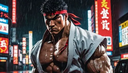 Street Fighter, Ryu, muscular man, serious face, spiky black hair, red headband, white gi, torn sleeves, black belt, bold eyebrows, intense gaze, city street, night scene, neon lights, Tokyo, billboar