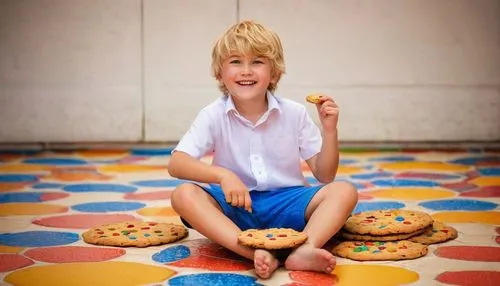 Shota, cute boy, blonde hair, blue eyes, sweet smile, dimpled cheeks, white shirt, orange shorts, holding a giant cookie, sitting on a colorful tile floor, surrounded by cookies and candies, warm ligh