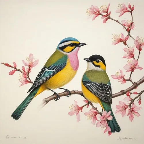 flower and bird illustration,bird painting,songbirds,bird couple,goldfinches,flowerpeckers,Illustration,Realistic Fantasy,Realistic Fantasy 33