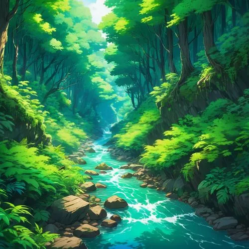 green forest,forest background,forest,green wallpaper,forest landscape,emerald sea,forests,green waterfall,a river,river landscape,landscape background,mountain spring,streams,fantasy landscape,ravine,ash falls,forest path,forest glade,flowing creek,green valley,Illustration,Japanese style,Japanese Style 03