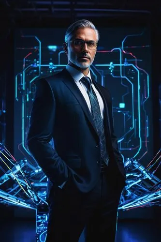 Futuristic AI lecturer, robotic body, glowing blue circuits, metallic limbs, advanced holographic display, sleek black jacket, white shirt, silver tie, lectern in front of a massive screen, futuristic