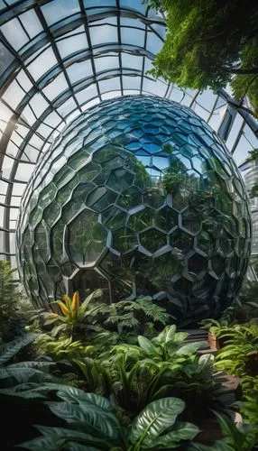 Amazon Spheres, Lego-style, futuristic architecture, intricate details, vibrant colors, transparent glass domes, curved lines, geometric shapes, lush greenery, exotic plants, misty atmosphere, soft na