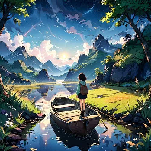 ghibli,idyllic,studio ghibli,boat landscape,world digital painting,landscape background,little world,dream world,little boat,evening lake,ponyo,forest lake,idyll,watercolor background,digital painting,serene,tranquil,floating over lake,lake,hoenn,Anime,Anime,Realistic