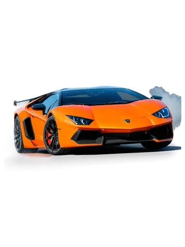 Lamborghini car, supercar, orange paint, glossy finish, sleek design, sharp lines, aggressive stance, low-angle shot, dramatic lighting, smoke effect, motion blur, 3/4 composition, shallow depth of fi