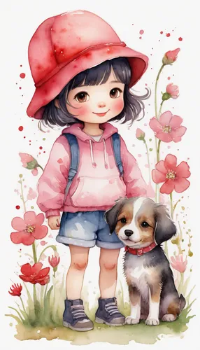 girl with dog,dog illustration,boy and dog,cute cartoon image,kids illustration,girl and boy outdoor,little boy and girl,flower background,dog roses,cute puppy,children's background,puppy pet,pink hat,springtime background,girl in flowers,shih tzu,picking flowers,watercolor floral background,watercolor baby items,floral background,Illustration,Paper based,Paper Based 07