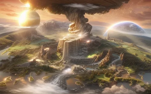 terraforming,fantasy landscape,mushroom island,mushroom landscape,fantasy world,the earth,doomsday,digital compositing,earth rise,mother earth,fantasy picture,the end of the world,skylanders,mushroom cloud,post-apocalyptic landscape,end of the world,3d fantasy,earth,environmental destruction,nature's wrath