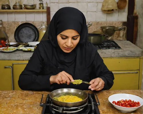 Imagine Zubaida Tharwat as a renowned chef competing in a high-stakes cooking competition.,iranian cuisine,muslim woman,iranian,baba ghanoush,middle eastern food,food preparation,bahraini gold,middle-