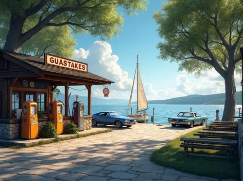 seaside resort,seaside country,retro diner,gullwing,seafront,dockside,seaside,shorefront,gas station,petrol pump,ice cream stand,butka,boat dock,lakeside,the coffee shop,electric gas station,e-gas station,eatery,seaside view,boathouse,Photography,General,Realistic