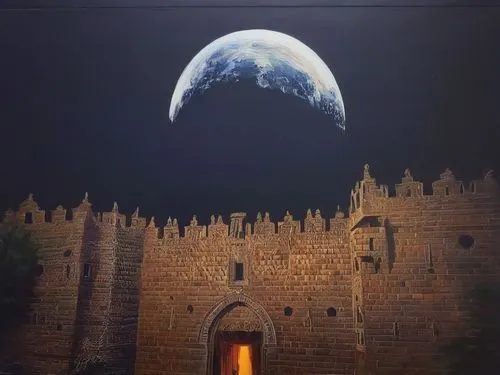 castle of the corvin,volterra,jaffa,el jem,castleguard,dracula's birthplace,medieval,hanging moon,illuminated lantern,damascus,jerusalem,alcazar of seville,fantasy picture,city wall,facade lantern,caravansary,knight's castle,phase of the moon,montepulciano,castel,Illustration,Paper based,Paper Based 04