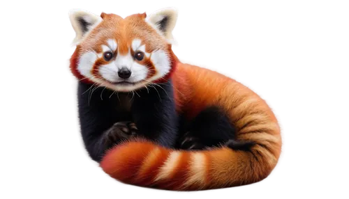 Red panda, lying down, fluffy fur, white face, black ears, cute nose, peaceful expression, soft paws, curled up legs, comfortable posture, warm lighting, shallow depth of field, natural texture, gentl