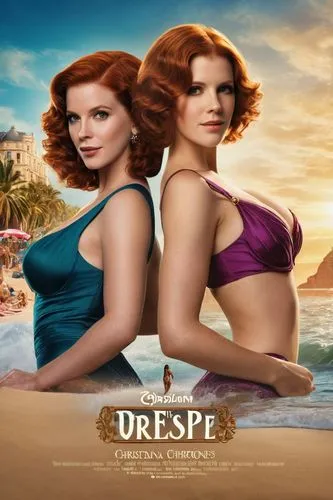 Movie poster, Nubian Christina Hendricks and Anna Kendrick, romantic movie, 1980s movie poster. Playboy Beach, Paris, text L,O,V,E. detailed matte painting, deep color, fantastical, intricate detail, 