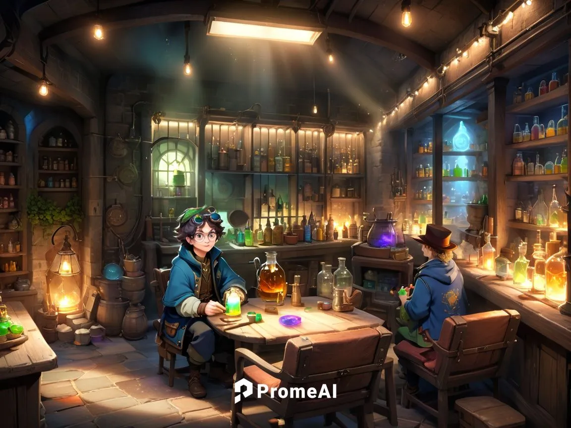 an animated rendering of some people in a room with lots of bottles,apothecary,herbology,alchemists,brandy shop,potions,alchemist,Anime,Anime,General