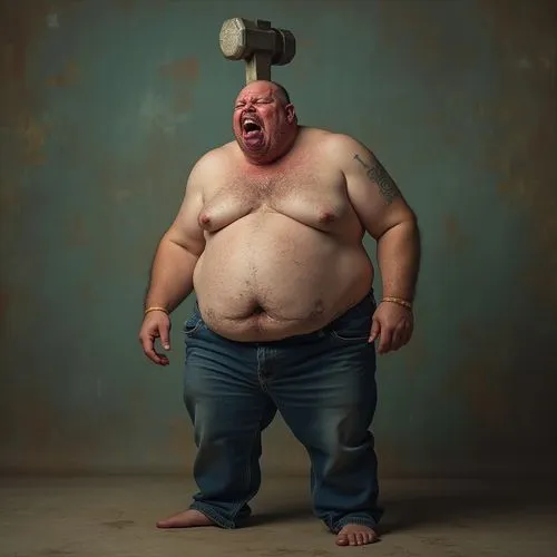 a surreal image, the background of the image has a studio photography background texture. an obese, disgusting person, wearing jeans but no shirt, his head is a hammer. 8k, good quality, best quality,