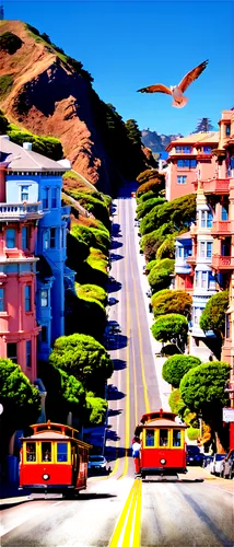 San Francisco scenery, Golden Gate Bridge, sunny day, clear blue sky, few clouds, seagulls flying overhead, steep hills, colorful Victorian houses, historic cable car, busy street scene, 3/4 compositi