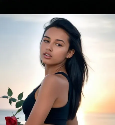 A tanned 18-year-old girl with straight black hair, she wears sneakers, a tank top and black shorts.  Lover holding a rose on the beach at sunset.,an asian girl is holding a rose on the beach,marshall