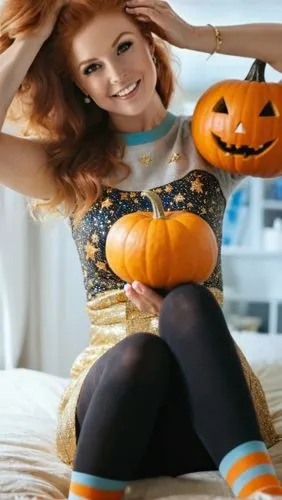 Golden bracelet dress,socks,colorful clothes,,clean,thick,, ,granny,,big ,tight leggings,,halloween in space,huge,pumpkins and stars,,the woman is holding three small pumpkins,pumpsie,kirdyapkin,pumpk