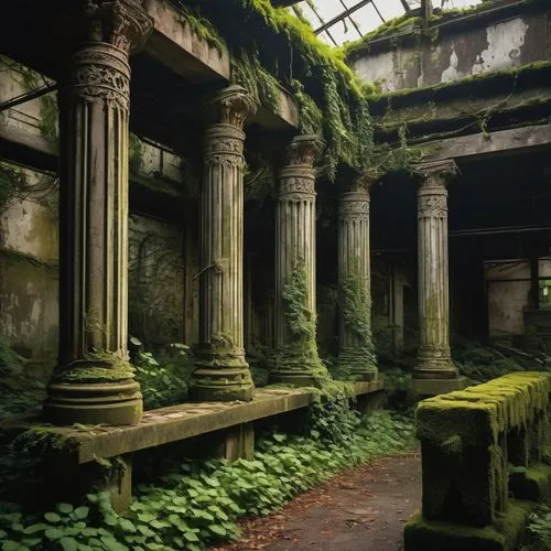 Abandoned, salvaged architectural pieces, old, worn, rusty metal beams, broken concrete columns, ornate stone carvings, intricate wooden decorations, overgrown with vines, moss, and ivy, mysterious am