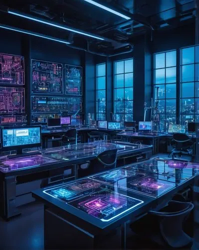 Futuristic laboratory, transformers model architecture, blueprints scattered on desk, computer screens displaying coding language, circuit boards, wires, robotic arms, metallic surfaces, neon lights, 