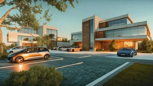 glass concrete bricks sunshine summer landscape garden trees cars blue sky night view,an image of a three door car parked in front of a modern house,modern house,3d rendering,car showroom,contemporary