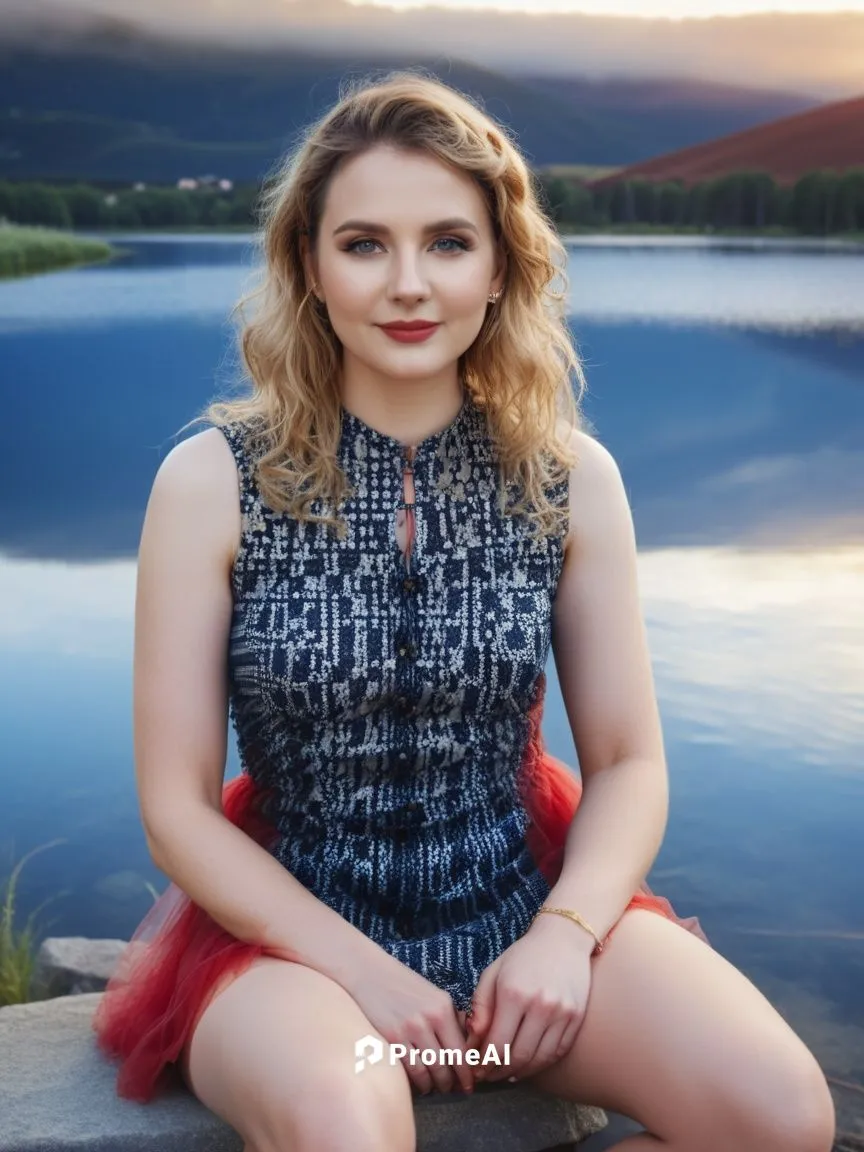 A lone figure in a red dress stands on the shore of a tranquil lake, gazing out at the misty night sky. Her eyes sparkle with delight, and her voice echoes through the water as she approaches a small 